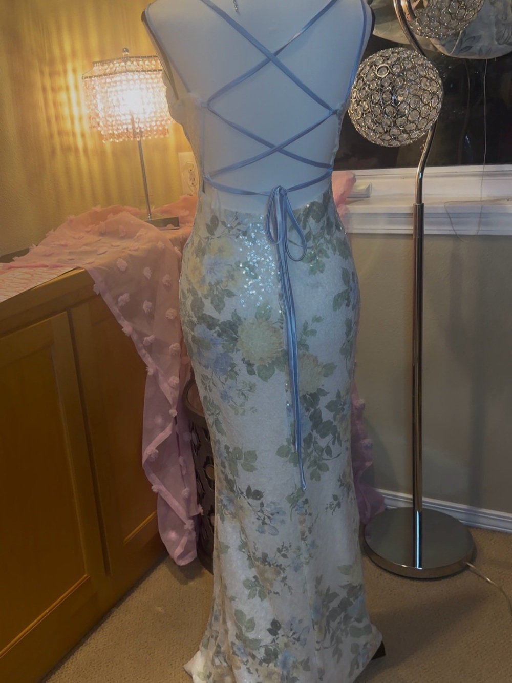 Elegant Floral Sequin Slip Dress in Ivory and Sage - Picture 2 of 4